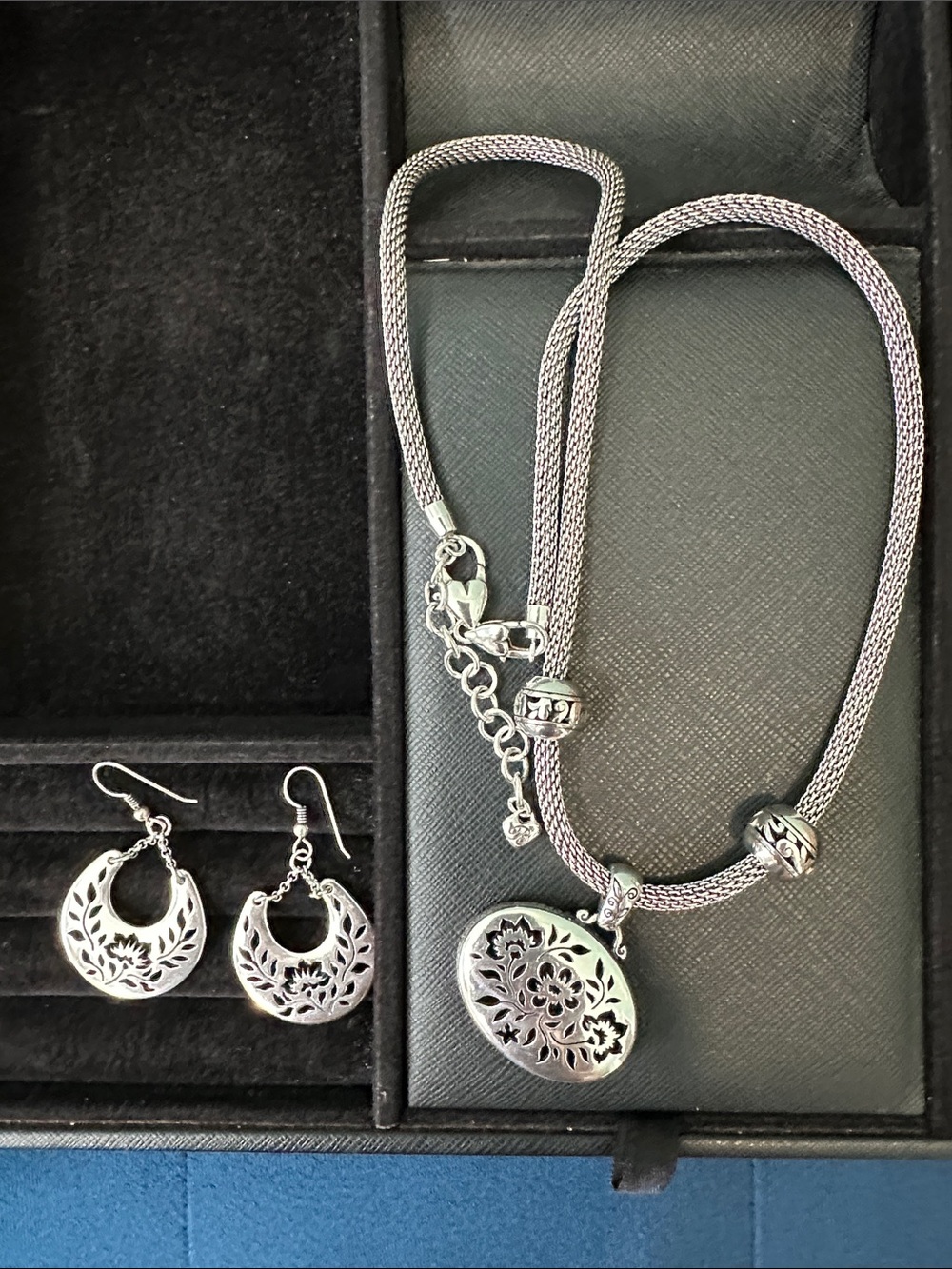 Brighton Silver Filigree Pendant Necklace and Hoop Earrings Set
